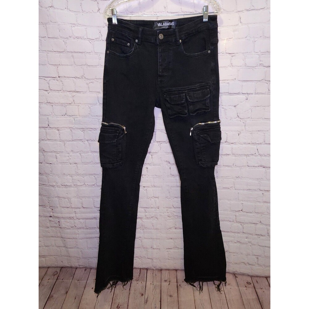 Valabasas Drake Stacked Flare Jeans Mens 32 Black Distressed Hem Streetwear
